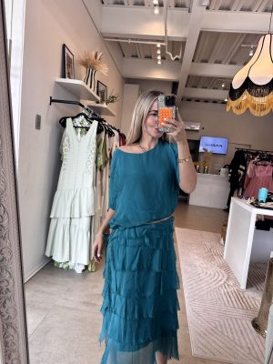 VESTIDO ESPAÑOL FLECOS TURQUESA