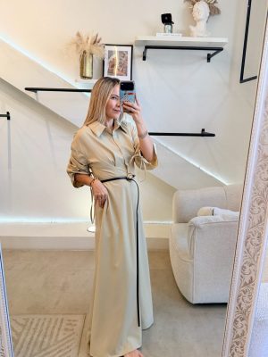 VESTIDO LARGO TAUPE CON CINTO