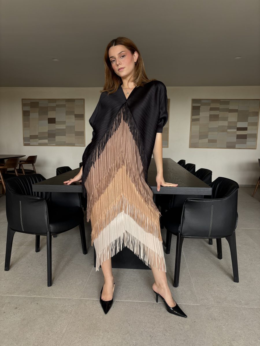 VESTIDO BICOLOR FLECOS BROWN BLACK