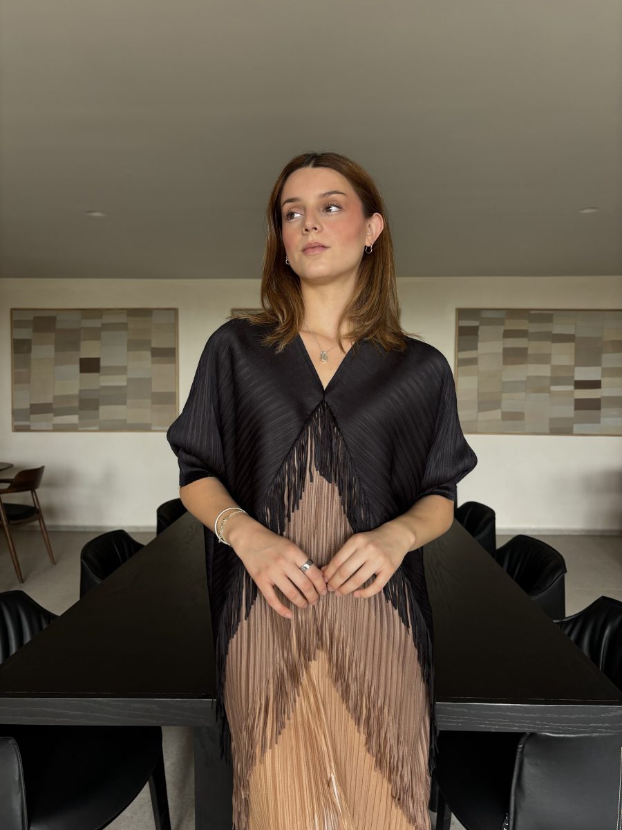 VESTIDO BICOLOR FLECOS BROWN BLACK - Imagen 2