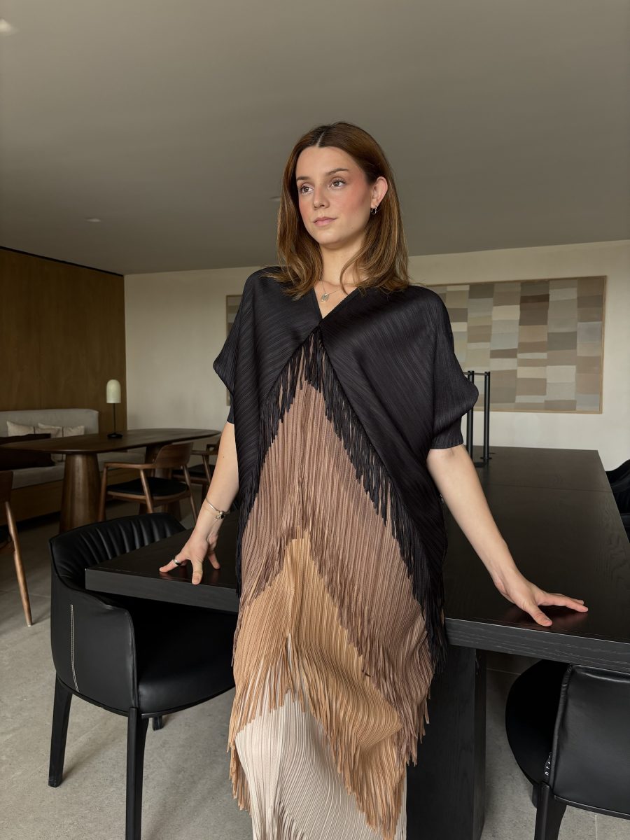 VESTIDO BICOLOR FLECOS BROWN BLACK - Imagen 3