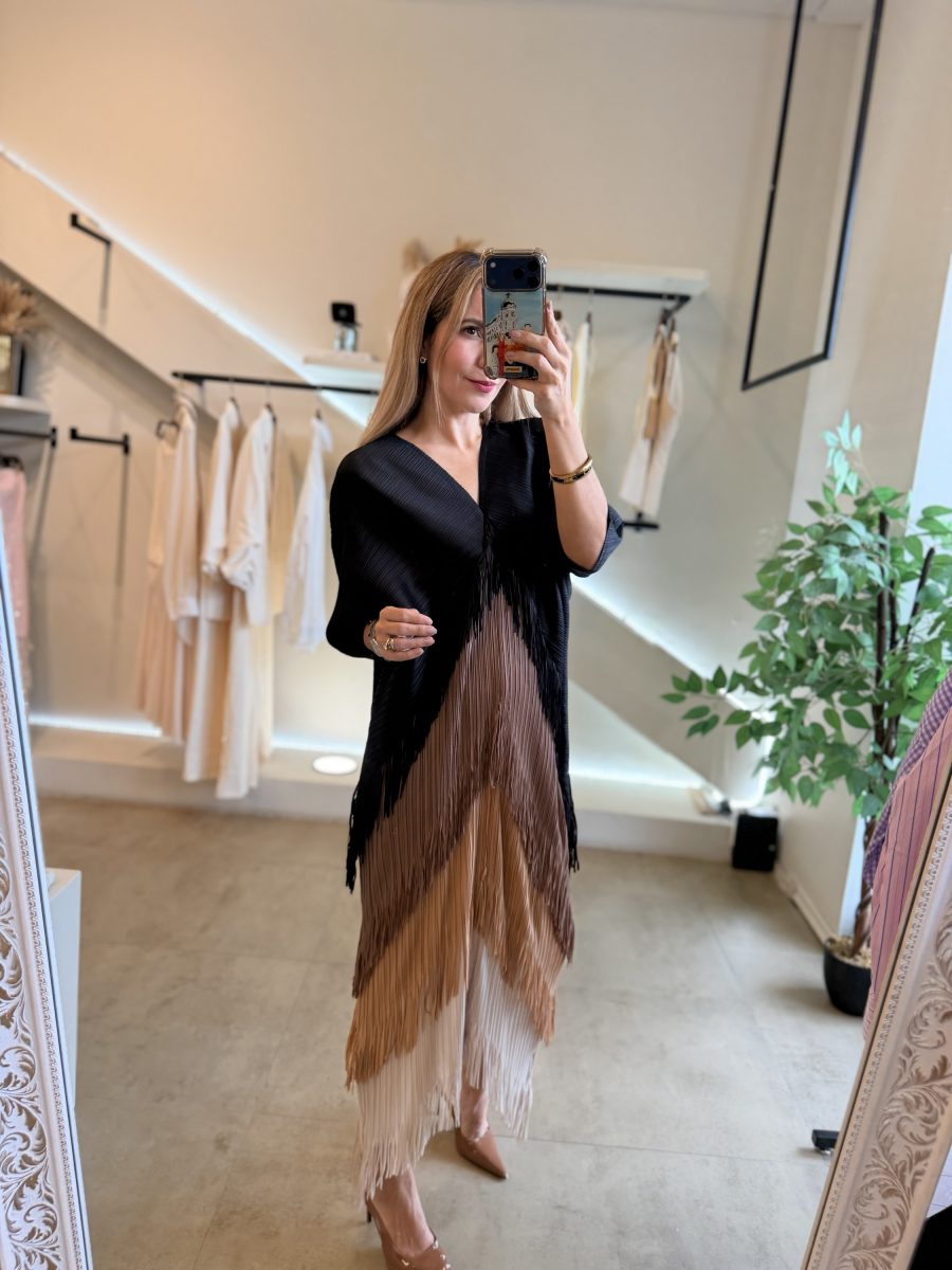 VESTIDO BICOLOR FLECOS BROWN BLACK - Imagen 10
