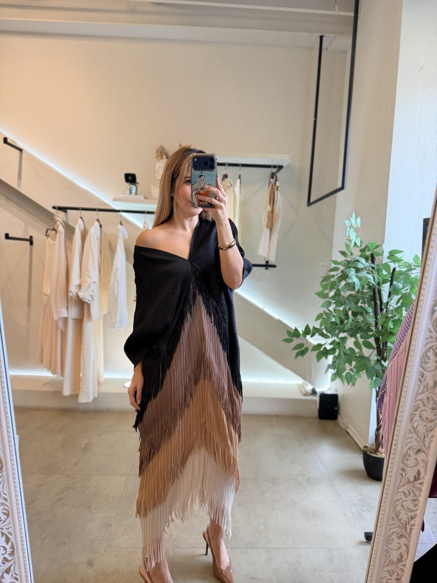 VESTIDO BICOLOR FLECOS BROWN BLACK - Imagen 7