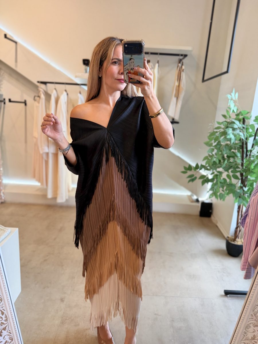 VESTIDO BICOLOR FLECOS BROWN BLACK - Imagen 9