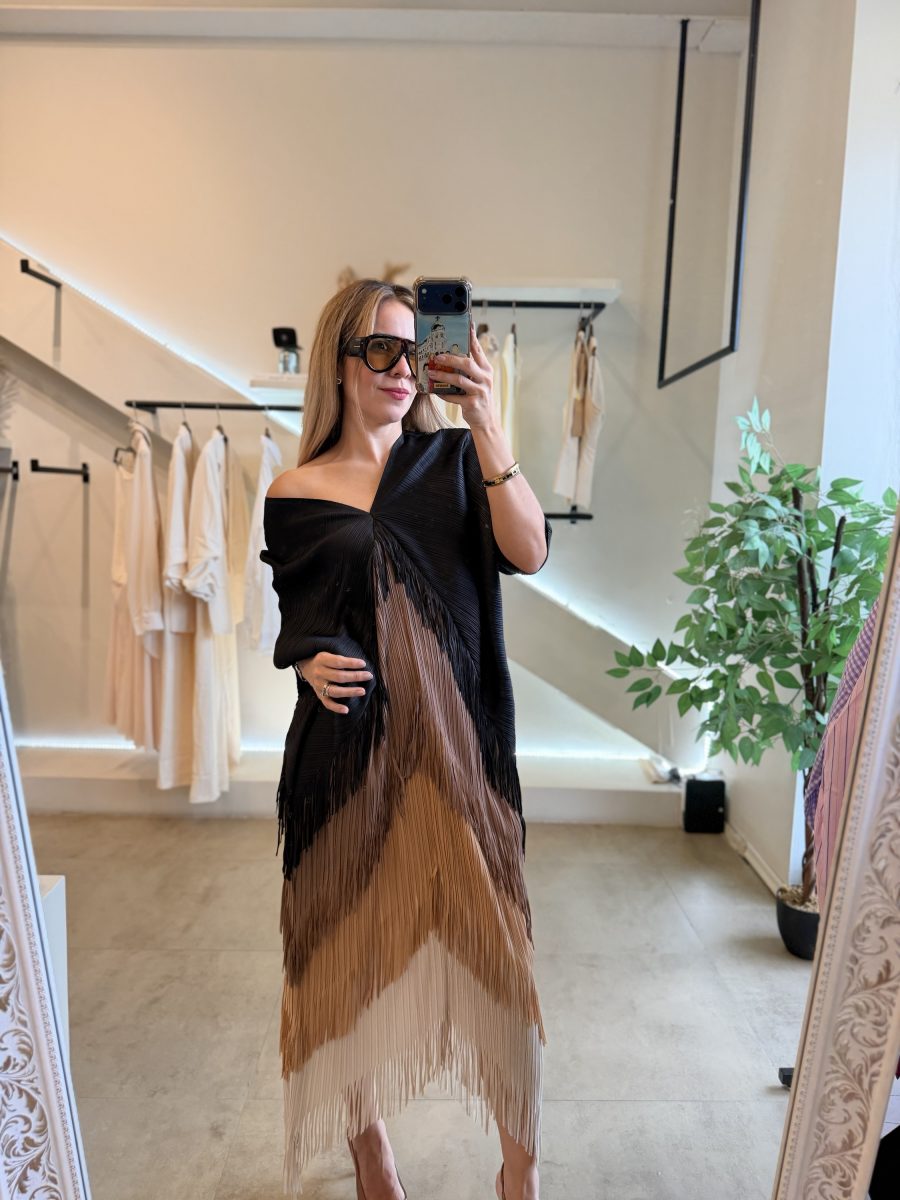 VESTIDO BICOLOR FLECOS BROWN BLACK - Imagen 8