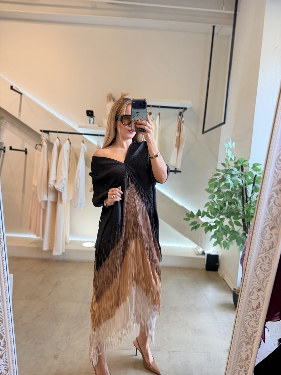 VESTIDO BICOLOR FLECOS BROWN BLACK - Imagen 6